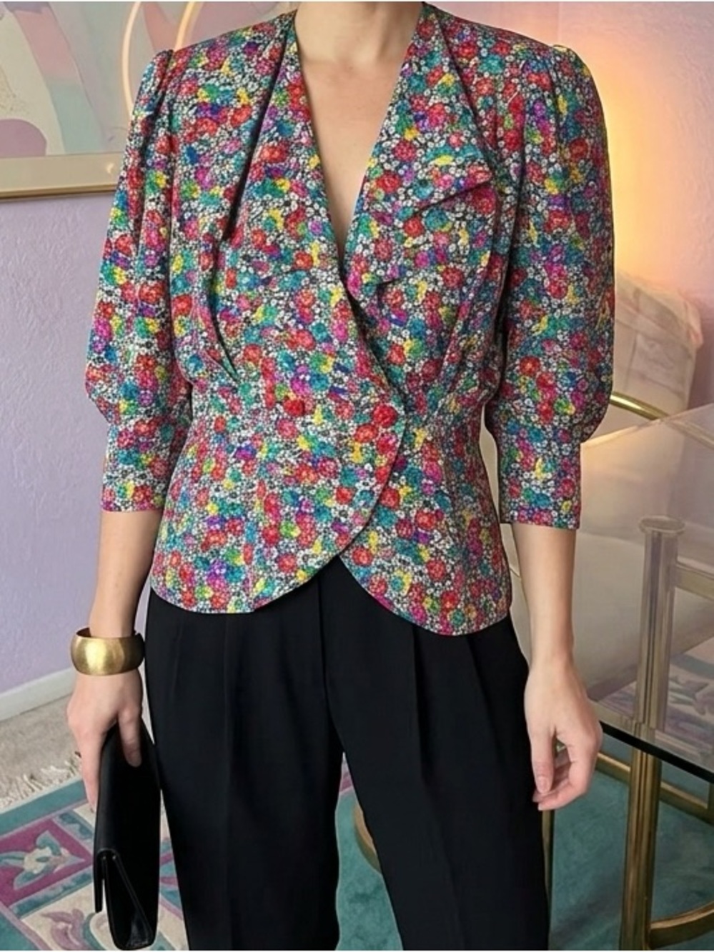 Vtg Argenti 100% Silk Floral Wrap Blouse 16 Rose Buttons Puff Shoulder